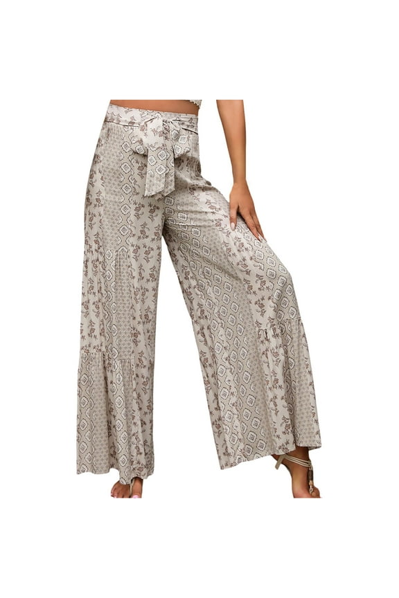 Womens Pants Pattern Tie Waist Wide Leg Lightweight Pants Relaxed Fit Casual Weekend Gatherings Daily Wear Trendy Trousers For Ladies