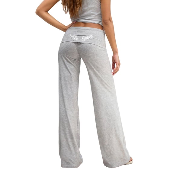 Bibifish Womens Pants Sequin Wing Back Detail Wide Leg Pants High Waist Stretchy Casual Daily Wear Street Style Sweatpants With Pockets