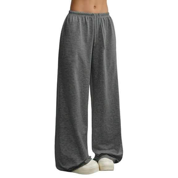 Bibifish Womens Pants Solid Color Long Straight Wide Leg Pants Drawstring Elastic Waisted Baggy Pants Casual Streetwear Pants For Ladies