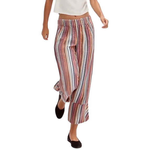 Bibifish Womens Pants Stripe Print Lightweight Elastic Waist Wide Leg Pants Loose Fit Breathable Casual Beach Outings Daily Wear Trendy Pants With Pockets