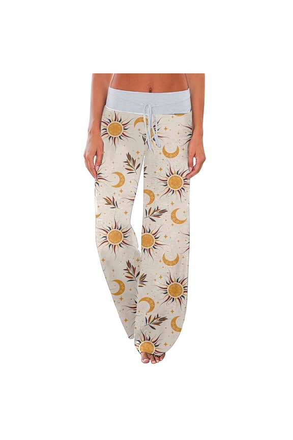 Womens Pants Sun Moon & Leaf Pattern Drawstring Waist Side Pocket Pants Loose Fit Casual Daily Outings Dates Stylish Pants