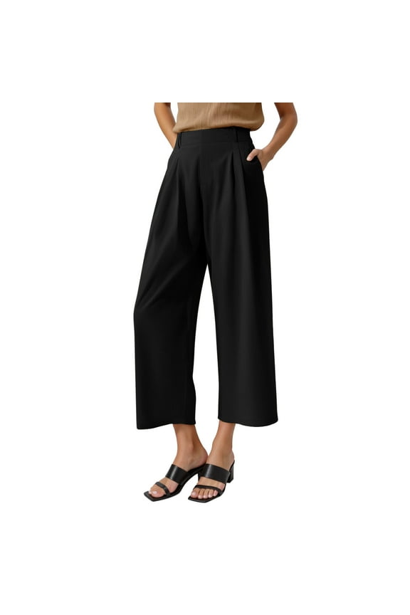 Womens Pants Vertical Rib Texture Pleated Waist Pants Soft Wide Leg Cropped Fit Solid Color Casual Sleek Pants With Side Pocket
