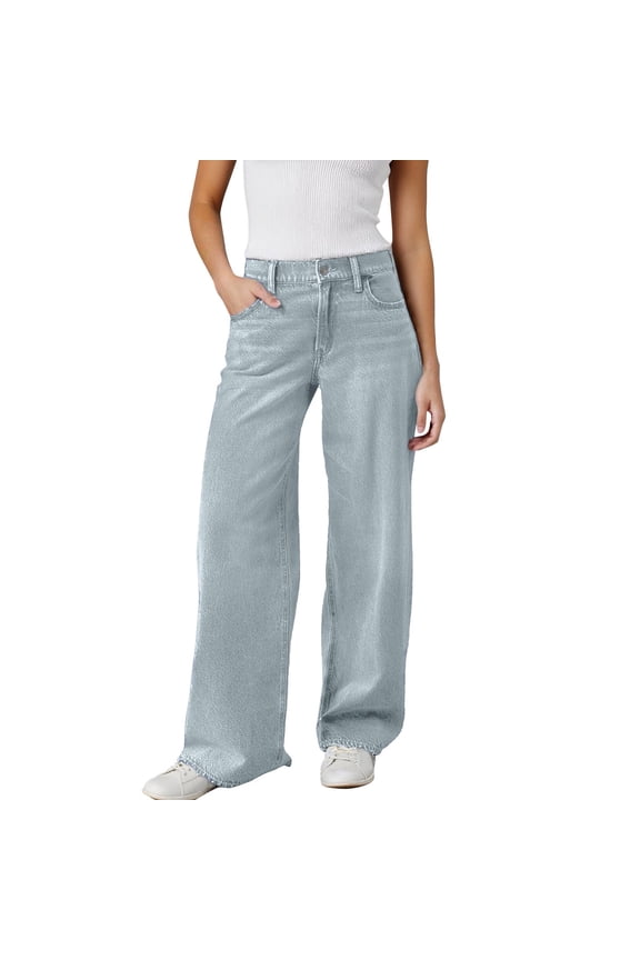 Womens Pants Vintage Washed Jeans Loose Fit Wide Leg Denim Trousers Retro 80S 90S Style Loose Fit Button Fly Pants