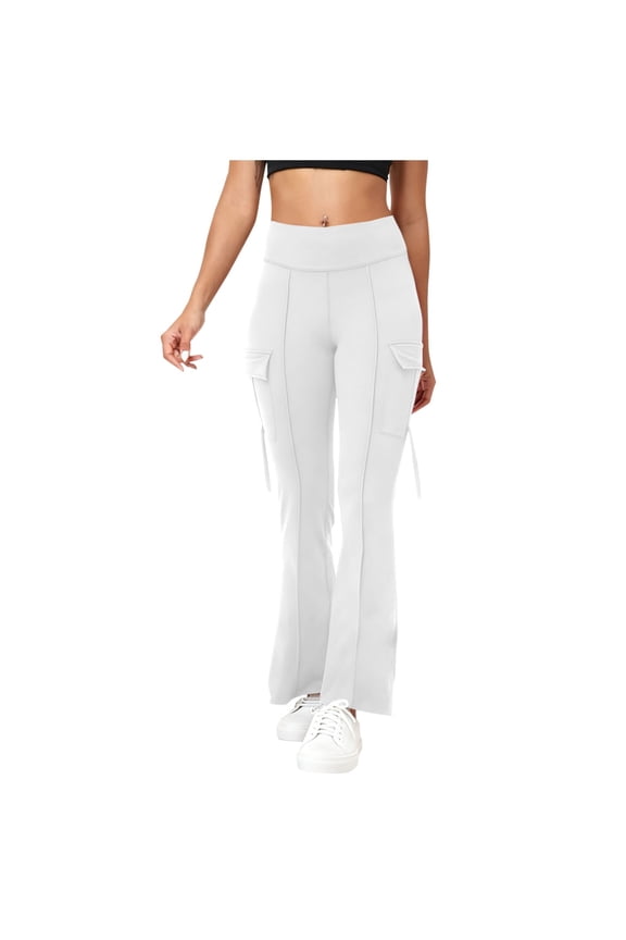 Womens Pants White Cargo Style Flared Leg High Waist Side Patch Pockets Drawstring Detail Stretchy Casual Outdoor Trips Daily Practical Pants