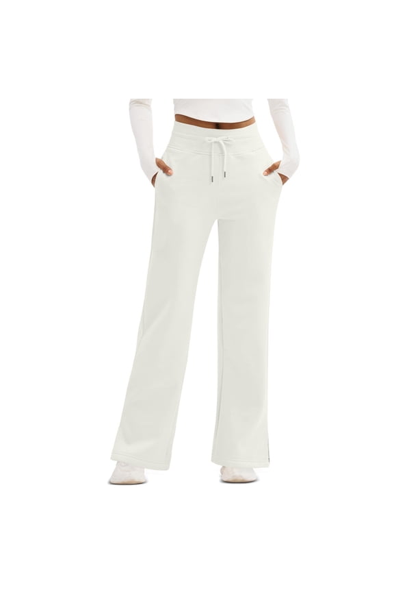 Womens Pants White Elastic Drawstring Waist Leg Pants With Side Slit Detail Soft Cozy Casual Weekend Lounging Daily Wear Relaxed Comfy Pants