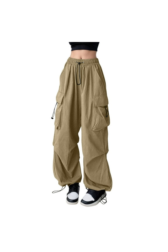 Womens Parachute Cargo Pants Elastic Waist Joggers Multiple Patch Pockets Drawstring Loose Trendy Street Style Camping Trips Cargo Pants
