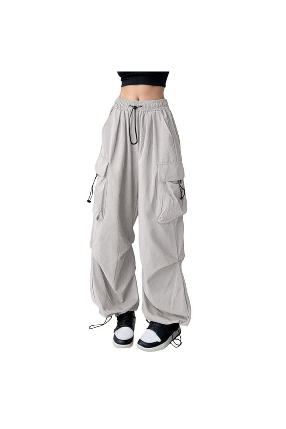 Womens Parachute Cargo Pants Elastic Waist Joggers Multiple Patch Pockets Drawstring Loose Trendy Street Style Camping Trips Cargo Pants