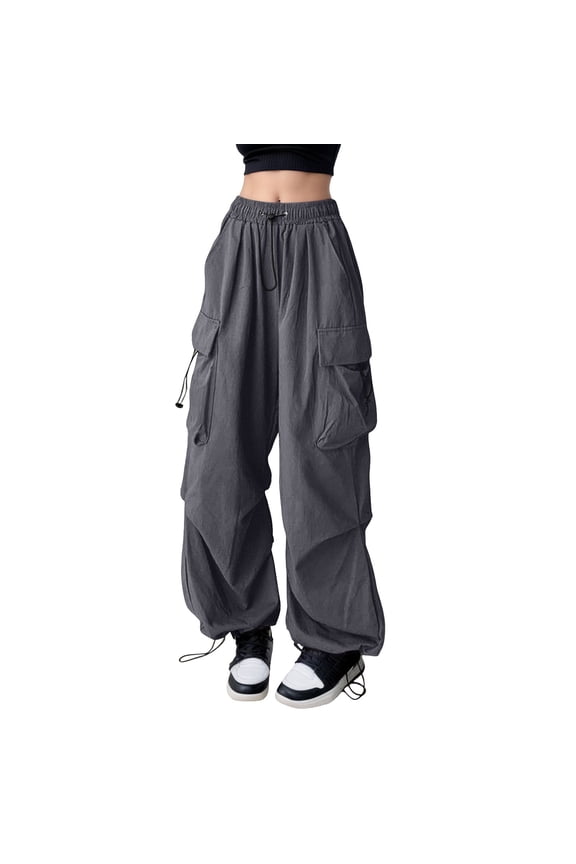 Womens Parachute Cargo Pants Multiple Patch Pockets Elastic Waist Full Length Jogger Loose Bold Streetwear Hiking Trips Urban Cargo Pants