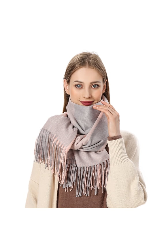 Womens Pastel Color Block Scarf Pink & Blue & White Pattern Fringed Hem Lightweight Soft Neck Wrap for Spring & Autumn
