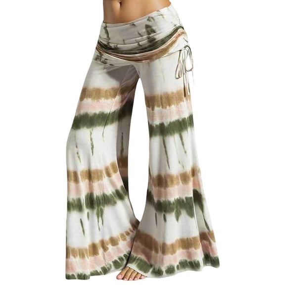 Bibifish Womens Pastel Tie-Dye Wide-Leg Pants Ruched Waist Drawstring Flowy Yoga Pants Studio Beach Walks Boho Chic Relaxed Activewear