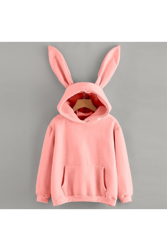 Womens Pink Bunny Ear Hoodies With Kangaroo Pocket Oversized Fit Soft Finish Casual Easter Park Playdates Cute Playful Daily Wear Tops