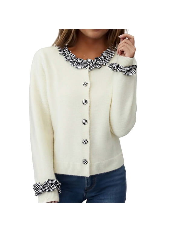 Womens Plaid Patch Ruffle Detail Knit Cardigan Sweaters Long Sleeve Crew Neck Cropped Relaxed Fit Button Front Cardigans