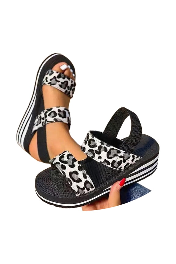 Womens Platform Ankle Strap Sandals Leopard Print Dual Strap Adjustable Buckle Open Toe Sandals Summer Travel Outdoor Sandals