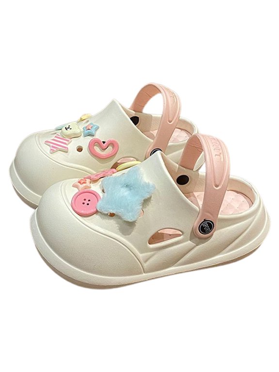 Womens Plush Clogs 3D Bear Eva Removable Bow Non- 2-Way Wear Beach Clogs Casual Daily House Clogs