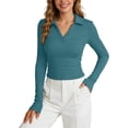 thumbnail image 1 of Bibifish Womens Polo Shirts Long Sleeve Slim Ribbed half Placket shirts Basic Soft Tailored Summer Everyday Wear Tops, 1 of 8