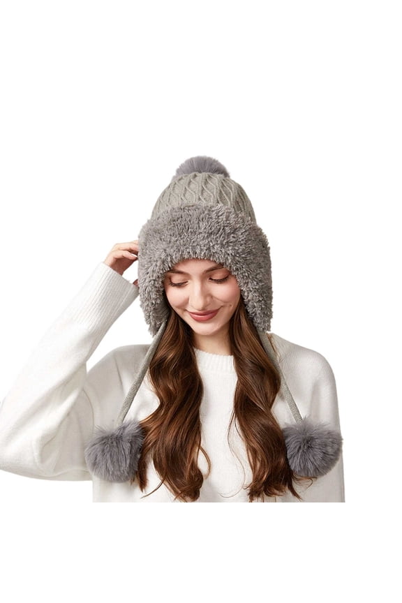 Womens PomPom Beanies Hat Cable Knitted Pattern Hat With Triple Pom Poms Fleece Lined Warm Winter Cold Weather Windproof Hats