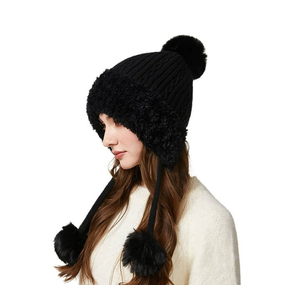 Bibifish Womens PomPom Beanies Hat Cable Knitted Pattern Hat With Triple Pom Poms Fleece Lined Winter Cold Weather Outdoor Activities Hats