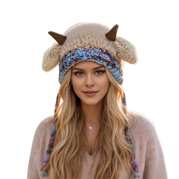 Bibifish Womens Rainbow Knit Trapper Hat With Horn Decor Fluffy Ear Flaps Stretchy Warm Hat Winter Casual Outings Fun Stylish Hats