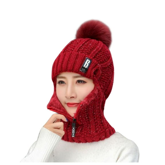 Bibifish Womens Red Knit Trapper Hat Pom-Pom & Zipper Mask Warm Soft One-Piece Casual Winter Outdoor Cold-Weather Protective Hat