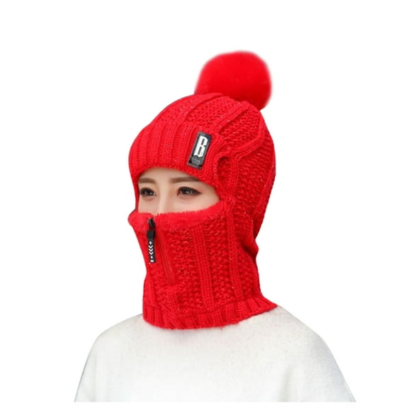 Bibifish Womens Red Knit Trapper Hat Pom-Pom & Zipper Mask Warm Soft One-Piece Casual Winter Outdoor Cold-Weather Protective Hat