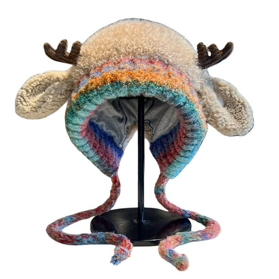 Bibifish Womens Reindeer Shape Fluffy Trapper Hat With Rainbow Knit Ear Flaps Soft Warm Cozy Hat Winter Holiday Outings Novelty Stylish Hats