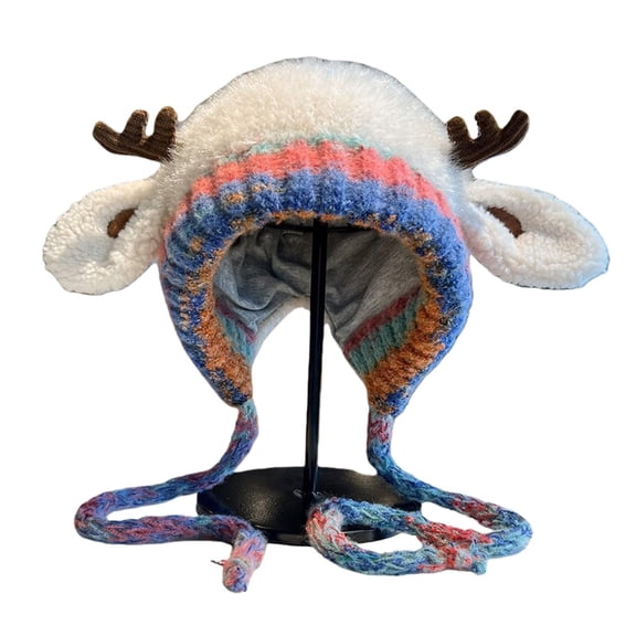 Bibifish Womens Reindeer Shape Fluffy Trapper Hat With Rainbow Knit Ear Flaps Soft Warm Cozy Hat Winter Holiday Outings Novelty Stylish Hats