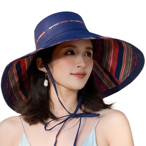 Bibifish Womens Reversible Wide-Brim Bucket Hat Striped Pattern Hat Soft Lightweight Adjustable Chin Strap Casual Vacation Travel Beach & Outdoor Sunshade Cap