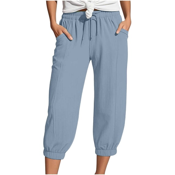 Bibifish Womens Ribbed Capri Joggers Elastic Waist Knee Length Jogger Ribbed Texture Side Pockets Loose Fit Comfortable Summer Cozy Capri Joggers