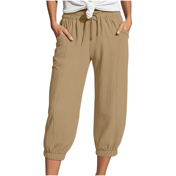 Bibifish Womens Ribbed Capri Joggers Elastic Waist Knee Length Jogger Ribbed Texture Side Pockets Loose Fit Comfortable Summer Cozy Capri Joggers