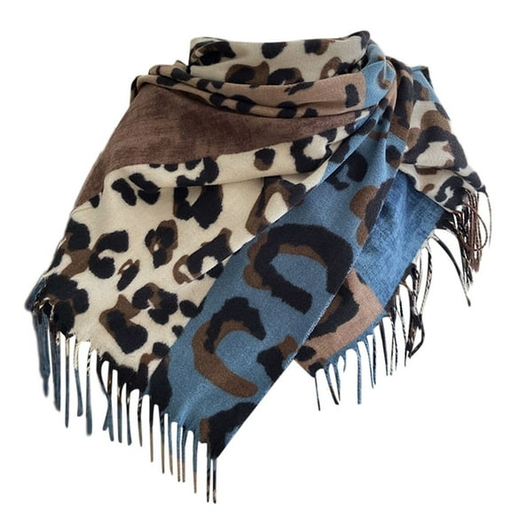 Bibifish Womens Scarf Color Block Leopard Pattern Scarf Shawl With Fringes Knitted Soft Fall Winter Stylish Street Style Scarf Shawl