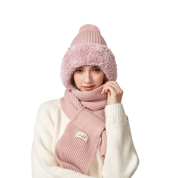 Bibifish Womens Scarf Hat One Piece Rib Knit Pattern Winter Warm Fleece Lined Scarf Hat Windproof Thermal Knitted One Piece Hat And Scarf