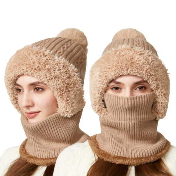 Bibifish Womens Scarf Hat One Piece Winter Warm Lined Scarf Hat Comfy Outdoor Activities Thermal 2 In 1 Knitted Neck Warmer For Ladies