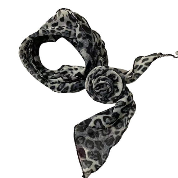 Bibifish Womens Scarf Leopard Print Chiffon Scarf With 3D Rose Decor Lightweight Neck Hair Wrap Small Scarf
