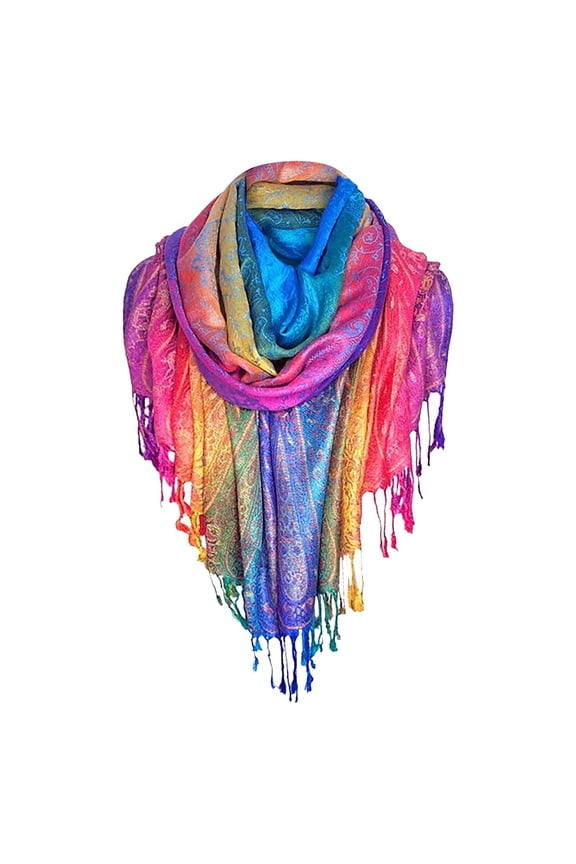 Womens Scarf Retro Rainbow Pattern Square Scarf Wrap With Fringes Soft Breathable Fall Winter Comfy Daily Wear Boho Style Scarf