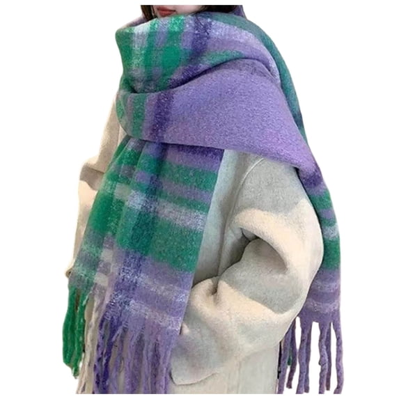 Bibifish Womens Scarf Trendy Plaid Pattern Soft Warm Fuzzy Scarf With Fringes Comfy Ladies Winter Daily Wear Trendy Chunky Knit Scarf