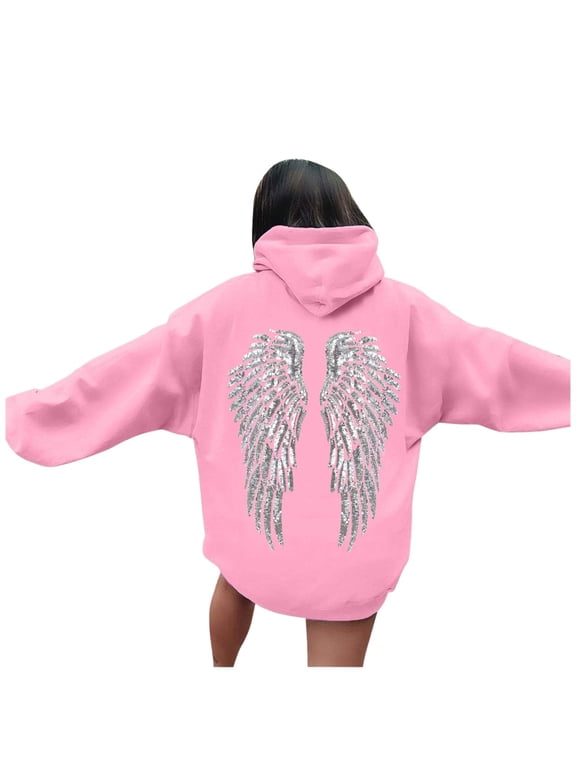 Womens Sequin Angel Wings Back Print Long Sleeve Hoodies Music Concerts Hangouts Glam Stylish Relaxed Hoodies With Pockets