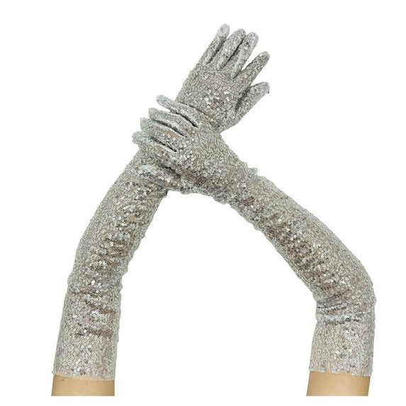 Bibifish Womens Sequin Gloves Elegant Long Gloves Black Sequin Pattern Soft 1920s Retro Style Elbow Length Party Nightout Gloves