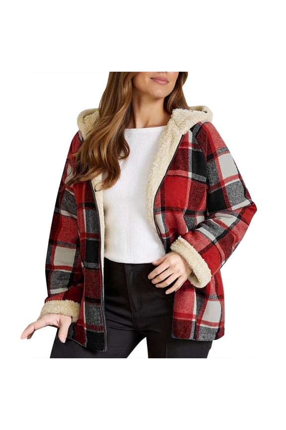 Womens Shirt Jackets Casual Plaid Pattern Fleece Lined Hooded Jackets Collared Long Sleeve Side Pocket Relaxed Fit Warm Trendy Jackets