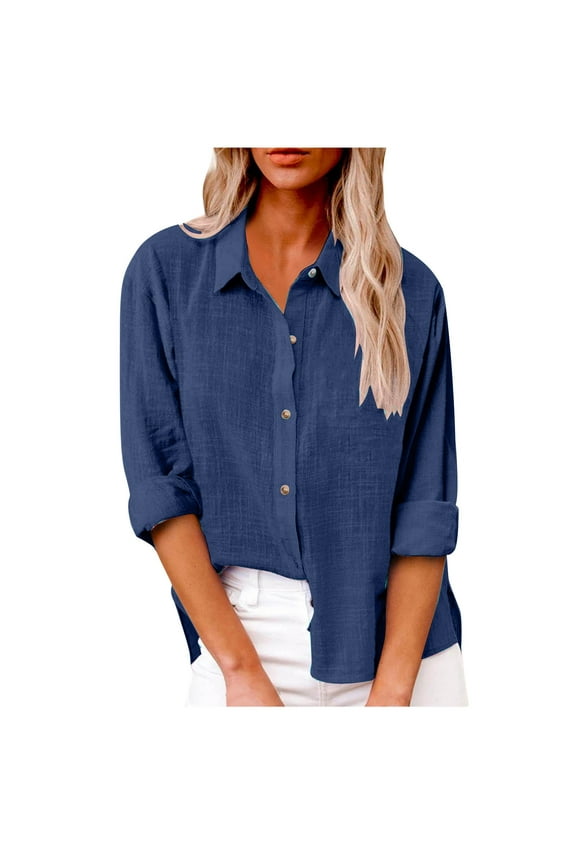 Womens Shirts Blouse Linen Lapel Neck Long Sleeve Light Blouse Loose Fit Casual Work Top With Pocket Stylish Ladies Tops