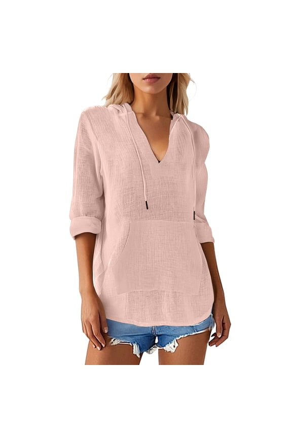 Womens Shirts Breatthable Hooded V Neck 3/4 Sleeve Beige Tops Lightweight Loose Fit Casual Going Out Top With Pockets For Ladies