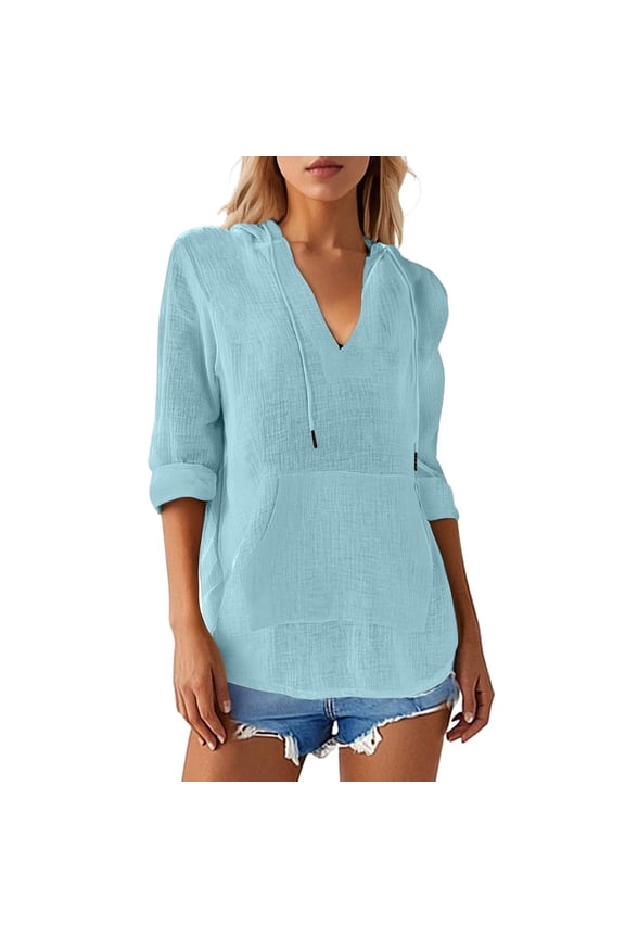 Womens Shirts Breatthable Hooded V Neck 3/4 Sleeve Beige Tops Lightweight Loose Fit Casual Going Out Top With Pockets For Ladies
