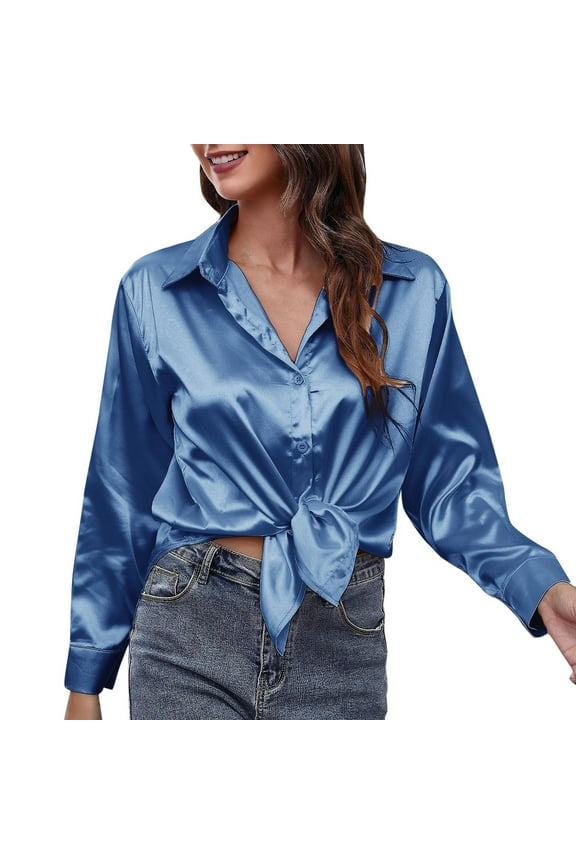 Womens Shirts Casual Solid Color Satin Button Down Blouse Tops Oversized Autumn Cozy Long Sleeve Workout Ladies Trendy Outfits