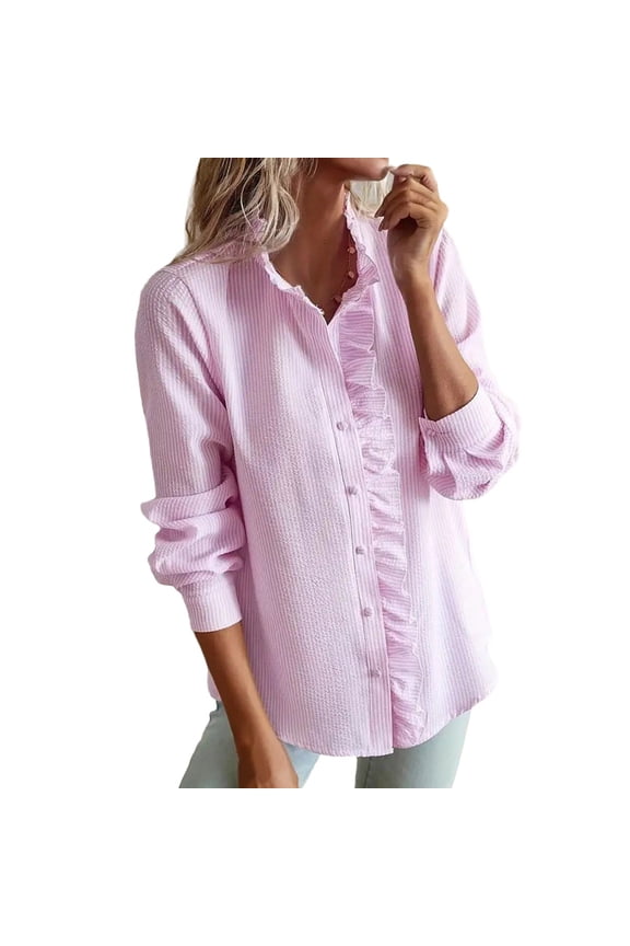 Womens Shirts Casual Stripe Print Tops V Neck Blouses Comfy Loose Fit Breathable Long Sleeve Shirts Reffule Tops For Ladies