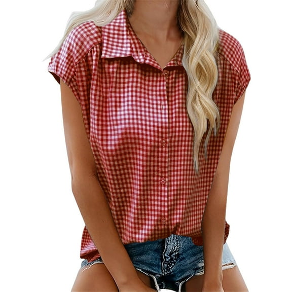 Bibifish Womens Shirts Cozy Soft Plaid Lapel Neck Button Down Shirts Summer Casual Short Sleeve Slim Fit Streetwear Ladeis Outfits