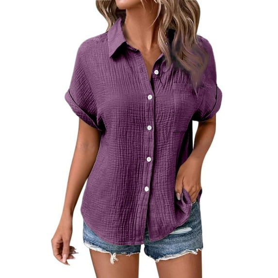 Bibifish Womens Shirts Cozy Solid Color Button Down Blouse Tops With Pocket Summer Short Sleeve Slim Fit Workout Trendy Ladeis Outfits