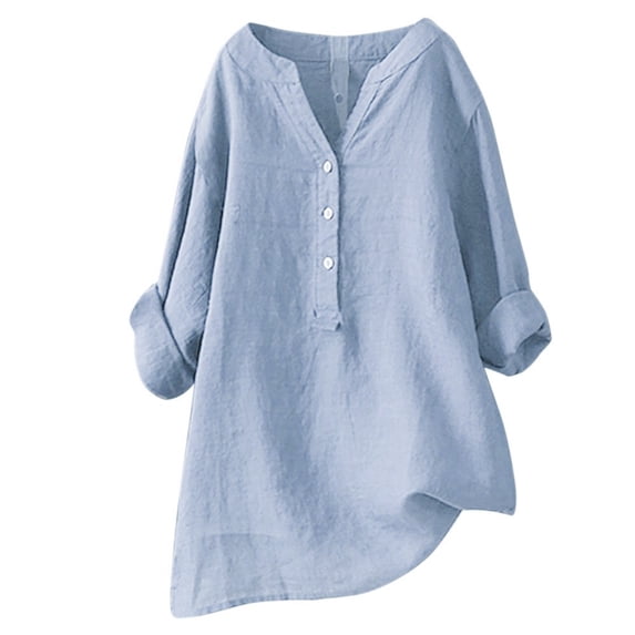 Bibifish Womens Shirts Elegant Stand Up V Neck Solid Color Half Button Shirts Cozy Oversized Long Sleeve Workout Shirts Dress For Ladies