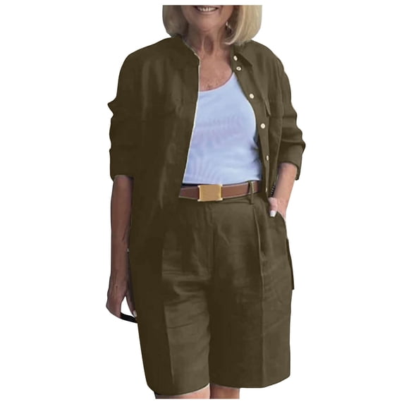 Bibifish Womens Shorts Sets Long Sleeve Lapel Collar Pocket Linen Blend Tops High Waisted Shorts With Side Pockets Airport Travel Outfits Sets