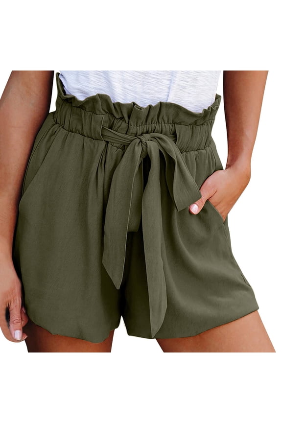 Womens Shorts Striped Pattern Ruched Elastic Waist Pants Summer Beach Style Belted Shorts Summer Beach Shorts