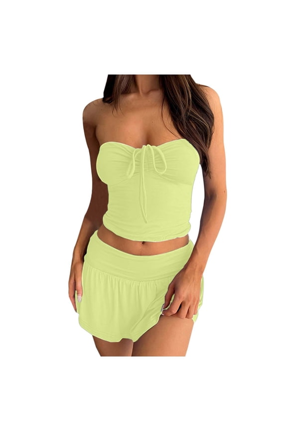 Womens Skirt Sets Summer Beach Vacation Drawstring Bandeau Tops And Ruched Loose Warp Skirts Mini Skirt 2 Piece Outfits