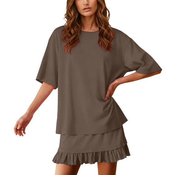 Bibifish Womens Skirt Sets Summer Daily Casual Loose Matching Sets Solid Short Sleeve Crew Neck Tee Tops And Ruffle Mini Skirt Outfit Sets
